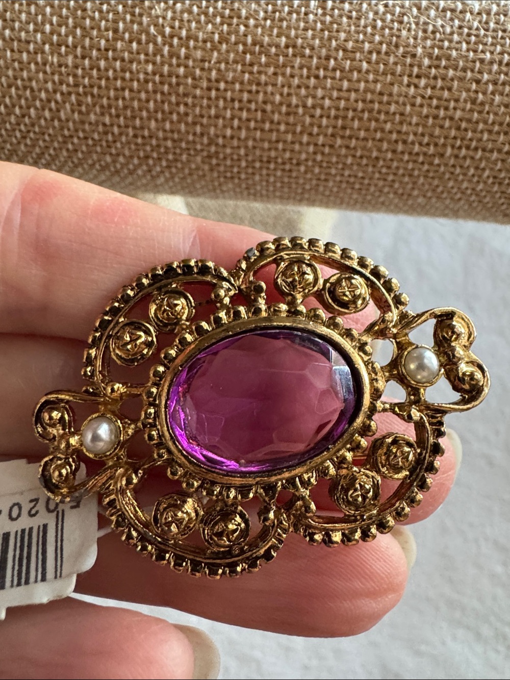 Legacy Gold-Tone Brooch with Purple Stone and Pearl Accents